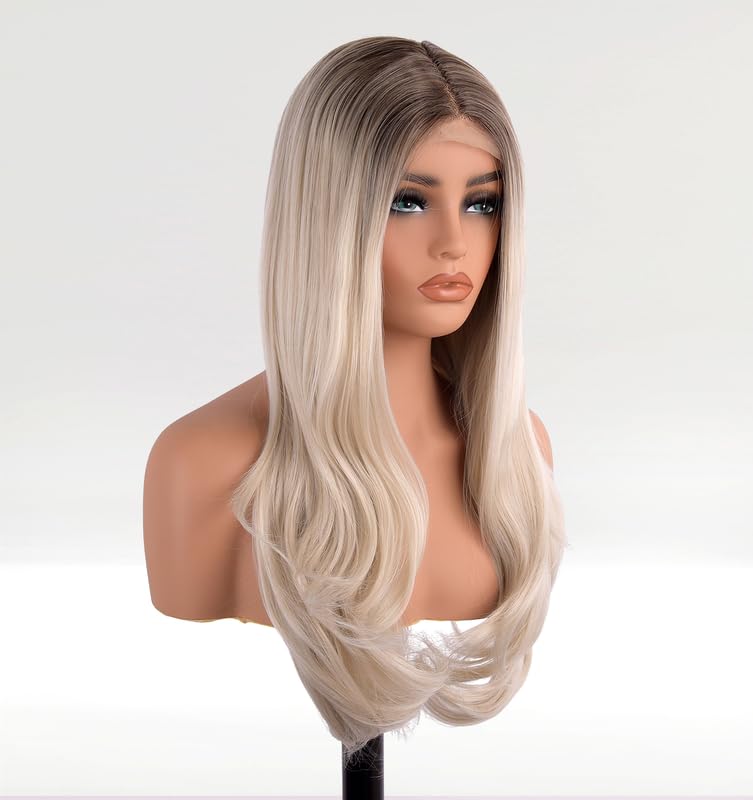 EALGA Ombre 613 Lace Front Wig with Brown Roots Glueless Wig Synthetic Hair Brown to Platinum Blonde Wig Natural Looking Wavy Wigs 22 inch EALGA-048-NEW