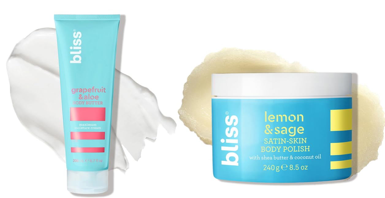 Bliss Hydrate and Exfoliate Duo: Bliss Body Butter - Grapefruit and Aloe - Maximum Moisture Cream - 6.7 Fl Oz - Body Lotion for Dry Skin Bliss Satin-Skin Body Polish - Lemon and Sage - Body Scrub wit