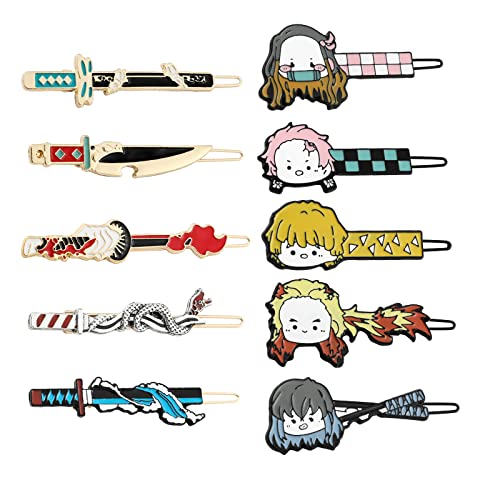 10PCS Demon Hair Clips Slaye Anime Character Sword Hair Barrettes Tanjirou, Nezuko, Kochou Shinobu Weaponry Katana Hair Pins Gift for Women Jewelry