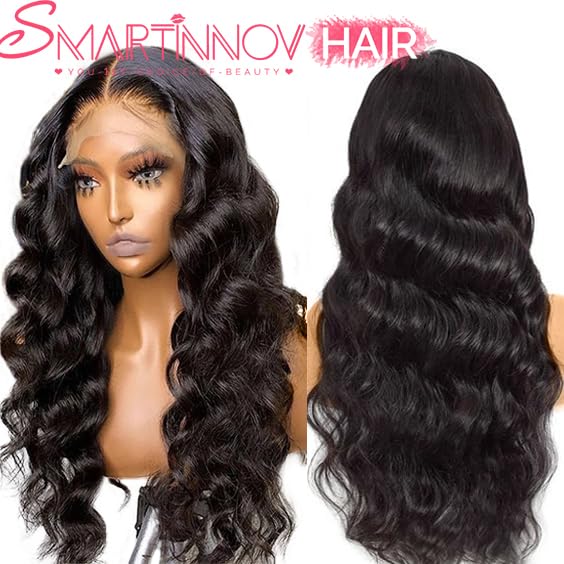 Body Wave 13x6 Lace Front Wigs Human Hair for Women Bleached Knots HD Lace Frontal Wigs Pre Plucked with Baby Hair 18Inch #1B Natural Black 150% Density Transparent Lace Front Curly Virgin Hair Wigs