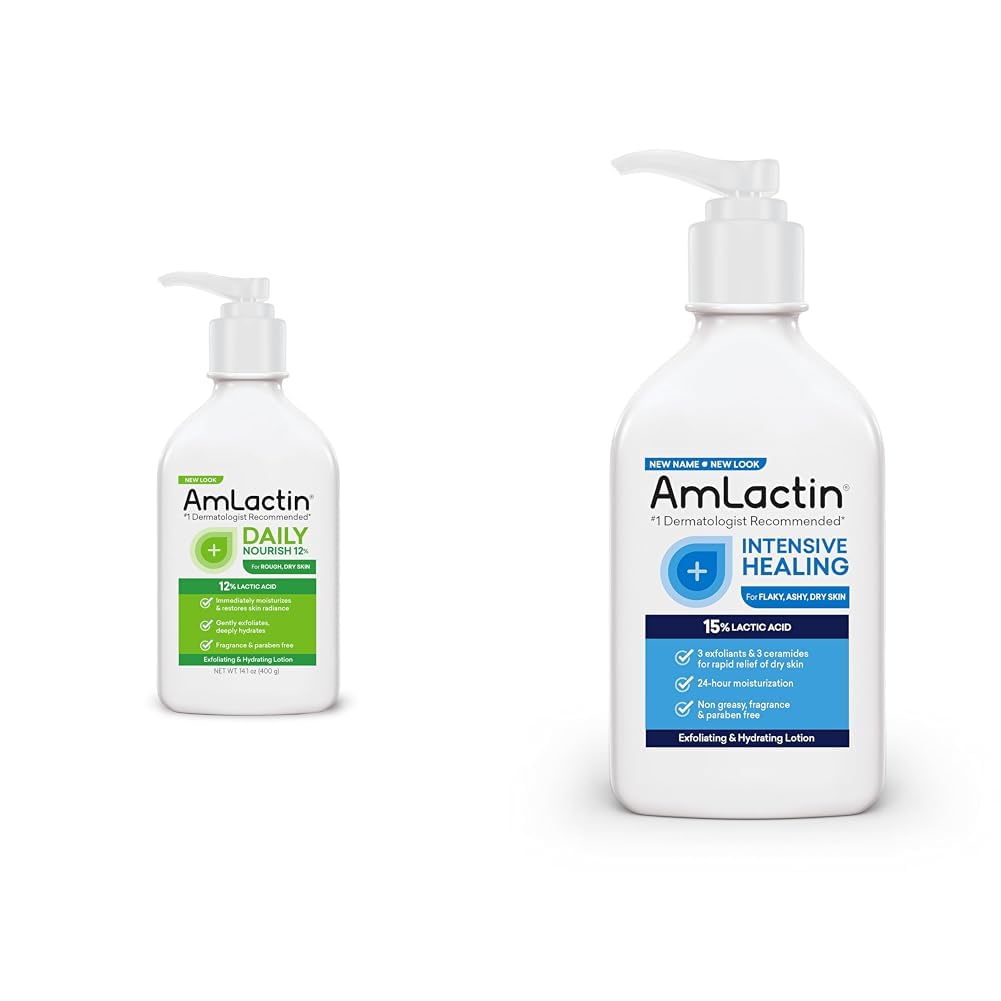 AmLactin Daily Nourish 12% - 14.1 oz Body Lotion with 12% Lactic Acid & Intensive Healing Body Lotion for Dry Skin – 7.9 oz Pump Bottle