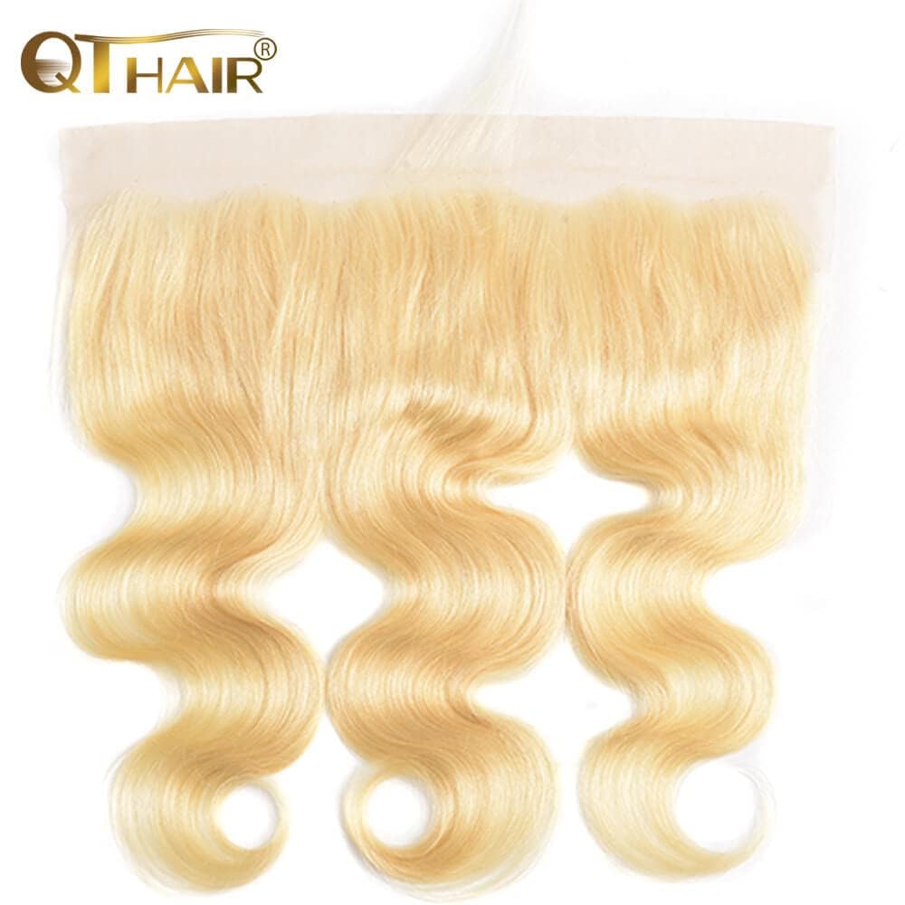 QTHAIR 14A #613 Honey Blonde Body Wave 13x4 Lace Transparent Lace Frontal Brazilian Body Wave Human Hair 12 inch Pre-plucked 100% Human Hair for Black Women