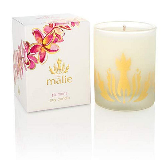 Malie's Plumeria 8 Oz Scented Soy Candle with clean-burning waxes & Hawaiian Aromatherapy, relax and immerse yourself in the serene air of the Hawaiian tropics.