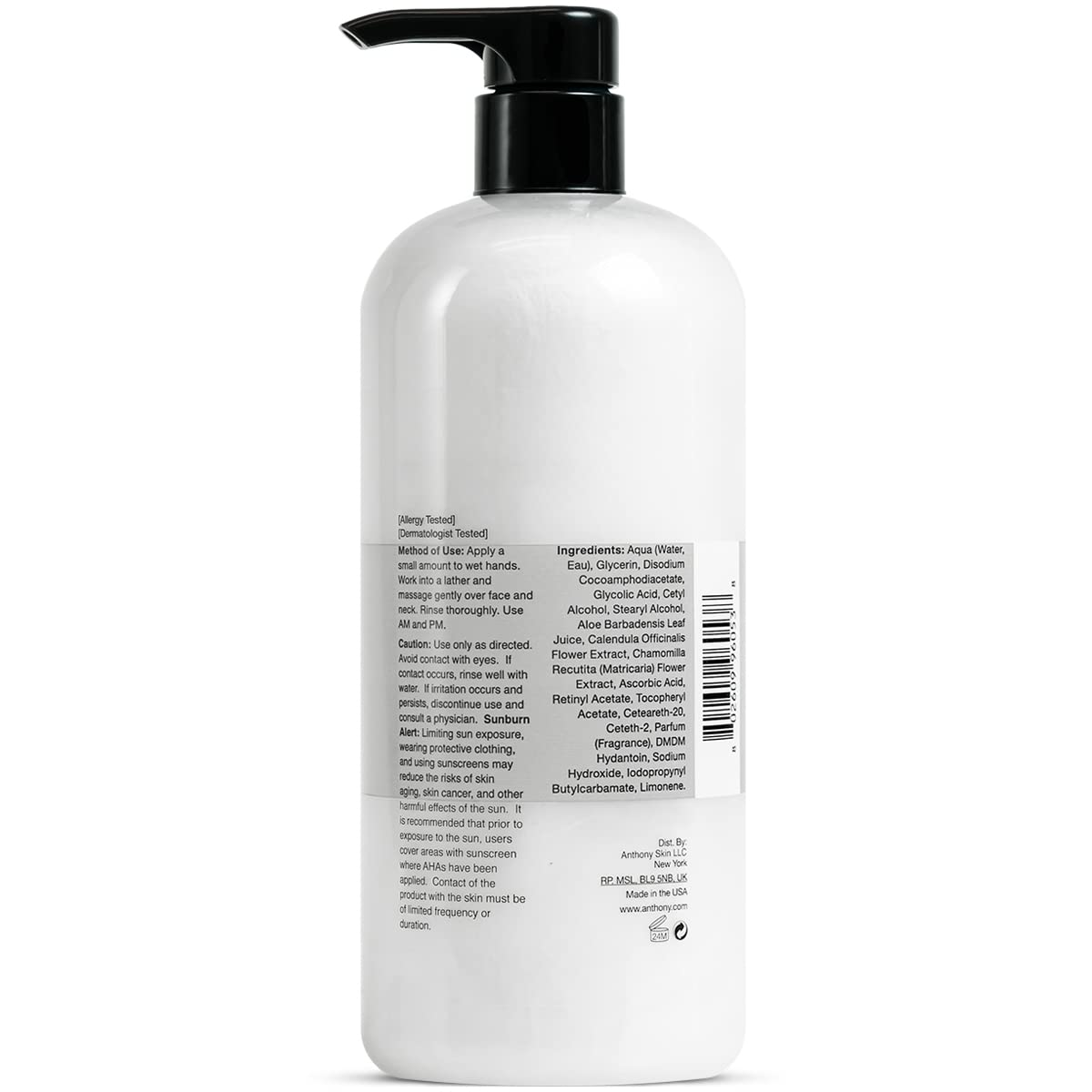 Anthony Glycolic Facial Cleanser for Men 32 Fl Oz Witch Hazel Toner for Face Kind Cleansing Water