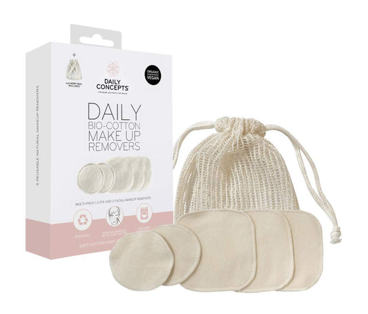 Daily Concepts - Daily Bio Cotton Makeup Removers - Organic, Natural and Reusable Makeup Removal Solution! Includes Laundry Bag Along With Multiple Pads and Sizes