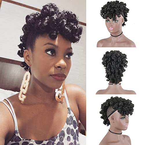 Oseti Short Curly Mohawk Wig Mohawk Hair Clip in Hair Extension Nature Black Mohawk Wigs for Black Women, Deep Wave Mohawk Ponytail Wig with Bangs Faux Hawk Hairpieces for Women Girls (2#)