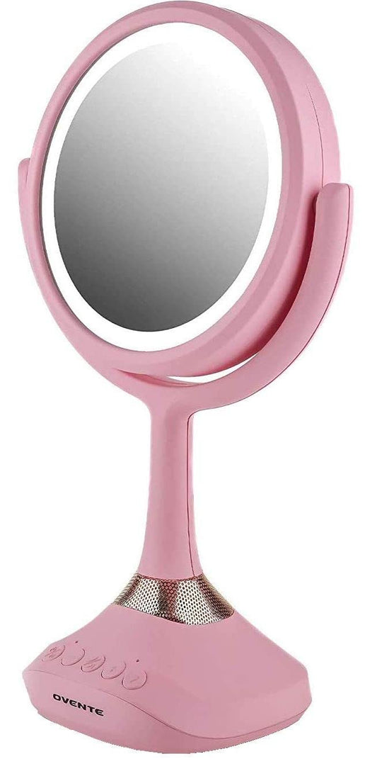 Ovente Lighted Vanity Mirror, Table Top, 360 Degree Spinning 6'' Double Sided Circle LED 1X 5X Magnifier with MP3 Audio, Built-in Wireless Speaker, Rechargeable, USB Operated, Baby Pink MRT06P1X5X