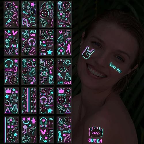 20-Sheet Glow in the Dark temporary tattoos 160+ Styles Adult Fluorescent UV Neon body glitter & Face Waterproof fake tattoo Stickers for Men & Women - Ideal for Rave, Festival Party Supplies