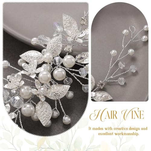 EASEDAILY Bride Wedding Hair Vine Silver Leaf Bridal Headpieces Pearl Crystal Hair Accessories for Women and Girls