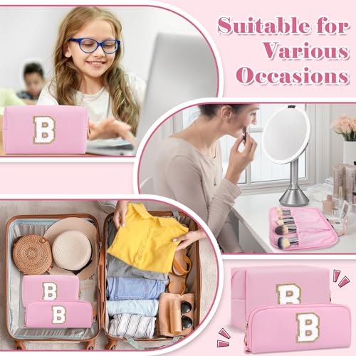 2Pack Personalized Initial Letter Patch Makeup Bag,Pink Cute Preppy Cosmetic Bag with Small Makeup Brush Bag,PU Travel Toiletry Zipper Pouch,Personalized Gifts for Women Teen Girls Friend Mom,Letter C