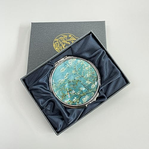 Nacreh Portable Makeup Compact Double Magnifying Mirror Cosmestic Foldable Pocket Style Unique Mother of Pearl Design (Almond Blossom)