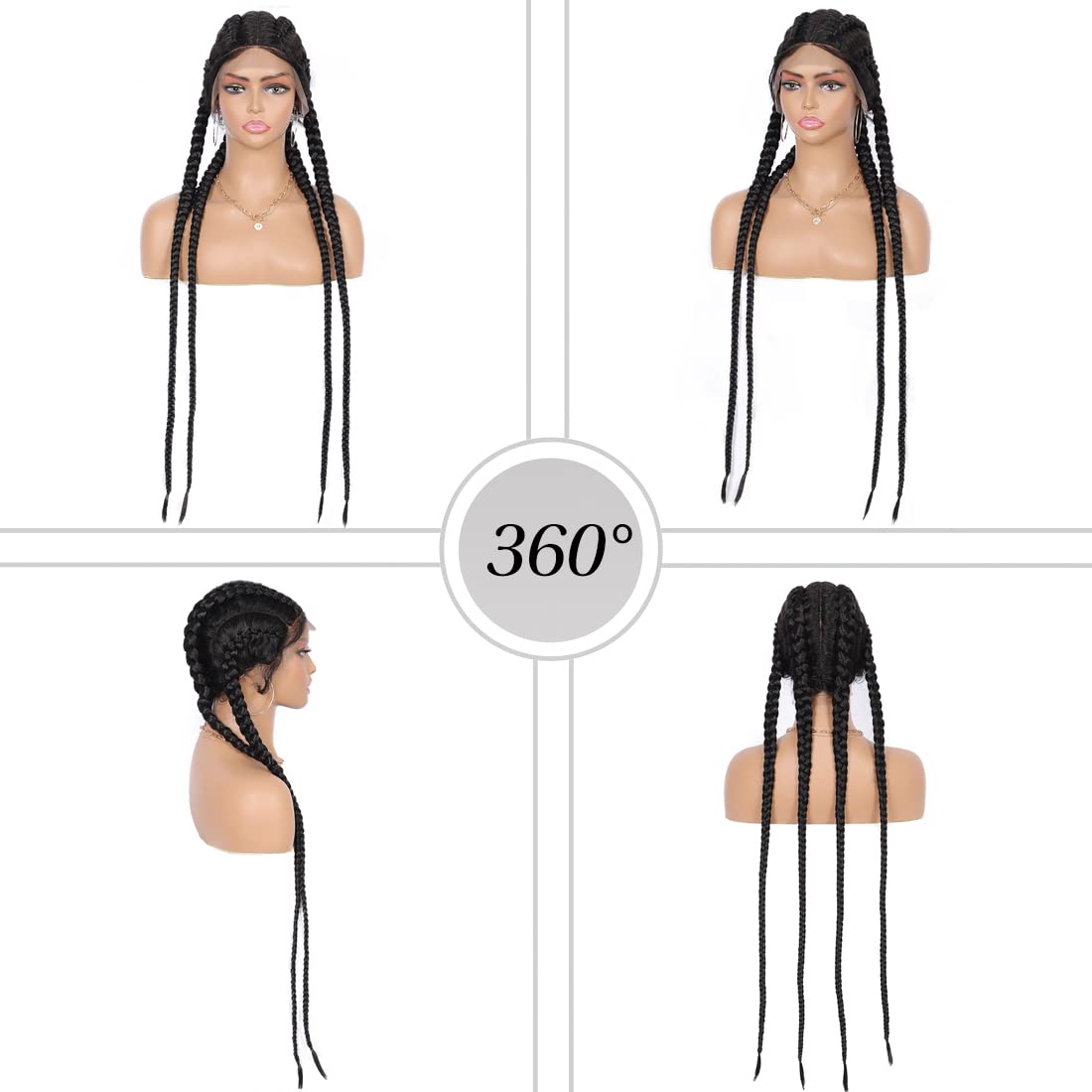 Kalyss 35" Hand-Braided Human Hair Blended Lace Front Box Braided Wigs with 360 Lace Front Black Double Dutch Braided Wigs for Women Heat Resistant Lightweight Twisted Braids Wig