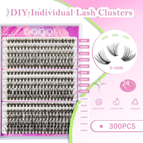 GAQQI Lash Clusters Kit 320Pcs Lash Extension Kit, Mix 9-16mm 304050D D Curl Lash Clusters Kit Eyelash Extension Kit with Lash Glue Remover and Lash Applicator Self Use at Home（304050D-DMIX KIT)