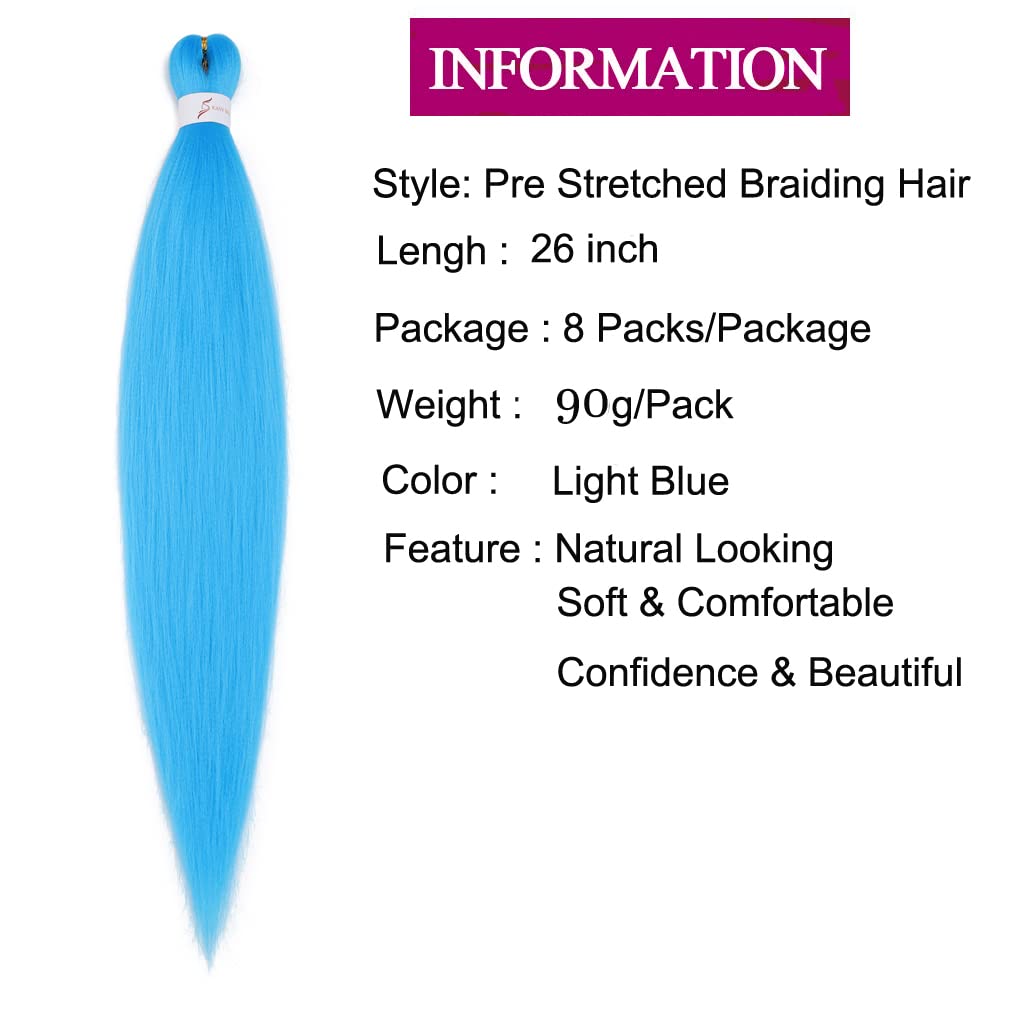 Pre Stretched Braiding Hair 26 Inch 8 Packs Professional Braiding Hair Extensions Synthetic Fiber Crochet Twist Braids Hot Water Setting Soft Yaki Texture(26",light blue)