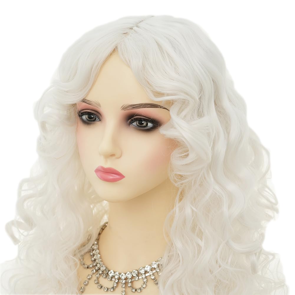 Dai Cloud White Long Curly Wigs for Women With bangs Synthetic Queen Princess Middle Part Hair Wig for Cosplay