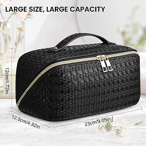 SLUKULU Large Travel Makeup Bag with Multiple Compartments, Waterproof and Easy to Clean. Cute Square Ladies Cosmetics Pouch with Carry Handle for Easy Carrying. (Black)