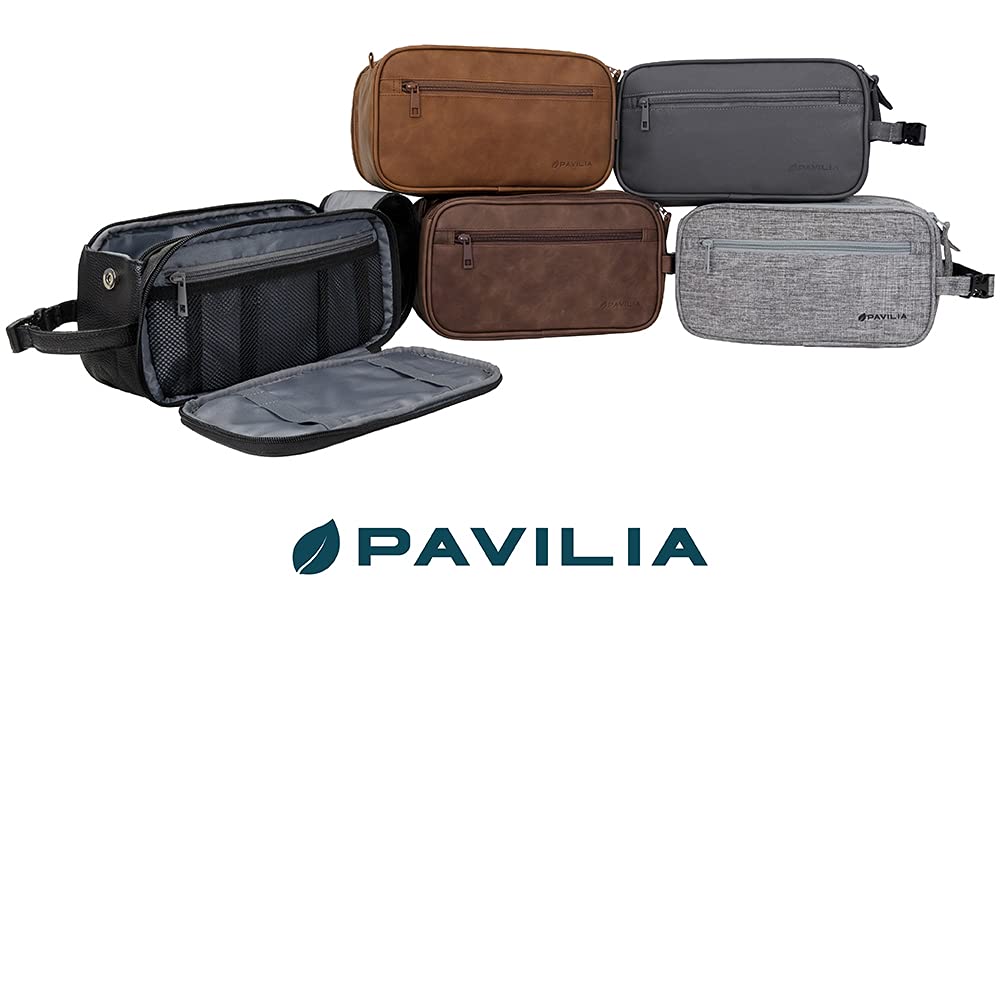 PAVILIA Toiletry Bag for Men, Travel Essentials Shaving Dopp Kit, Mens Travel Bag Toiletries Organizer Case for Grooming, PU Leather Water Resistant Cosmetic Bag Pouch (Brown)