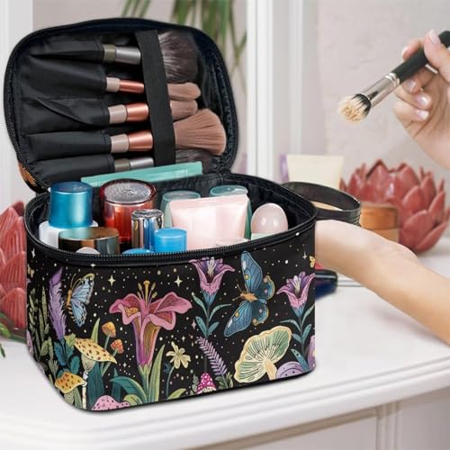 Biyejit Flowers Butterfly Makeup Bag Travel Make Up Organizer Cosmetic Brush Bags Case Protable Travel Zipper Pouch for Women Girls