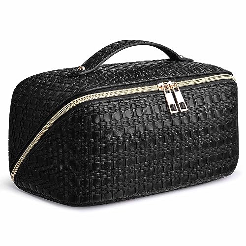 SLUKULU Large Travel Makeup Bag with Multiple Compartments, Waterproof and Easy to Clean. Cute Square Ladies Cosmetics Pouch with Carry Handle for Easy Carrying. (Black)