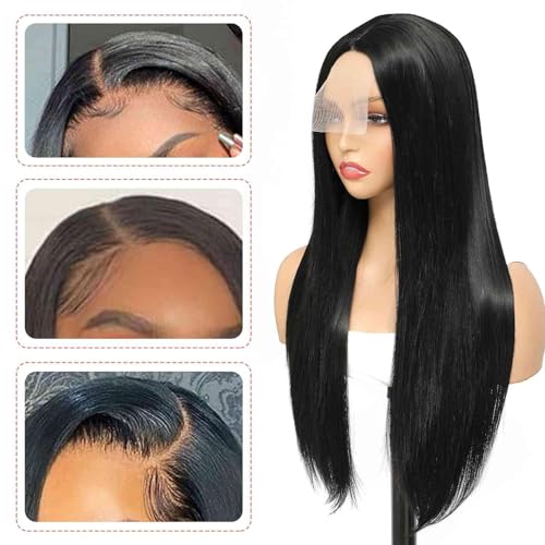 JulyQueen Straight Lace Front Wigs Black Color Long Straight Hair Synthetic Lace Front Wigs for Women 4x3.5 inch Lace Closure Wig Natural Hairline Heat Resistant Fiber Glueless Lace Wigs 24 inch