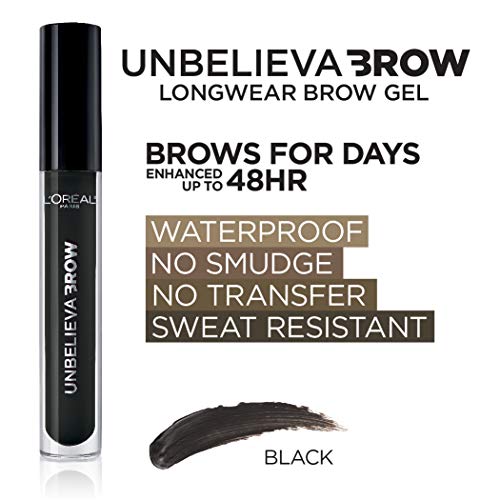 L'Oreal Paris Unbelieva-Brow Longwear Waterproof Tinted Brow Gel, Smudge-resistant, Transfer- Proof, Quick Drying, Easy and quick application with precise brush, Black, 0.15 fl. oz.