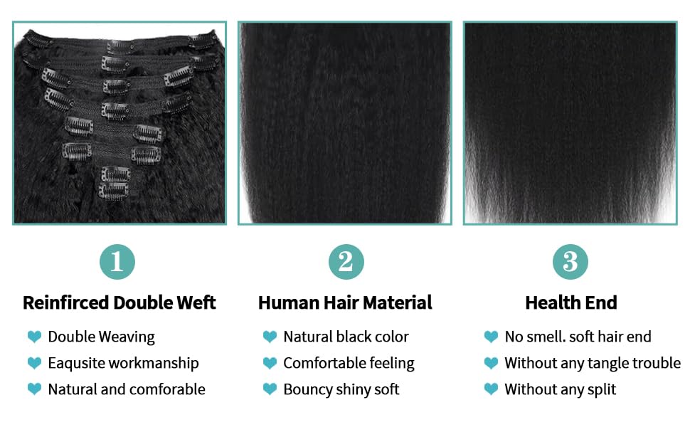 Brazilian Virgin Kinky Straight Clip in Hair Extensions 8Pcs/lot 120g With 18 Clips Yaki Straight Clip in Hair Extension Real Human Hair Natural Black Color For Black Women (20Inch)