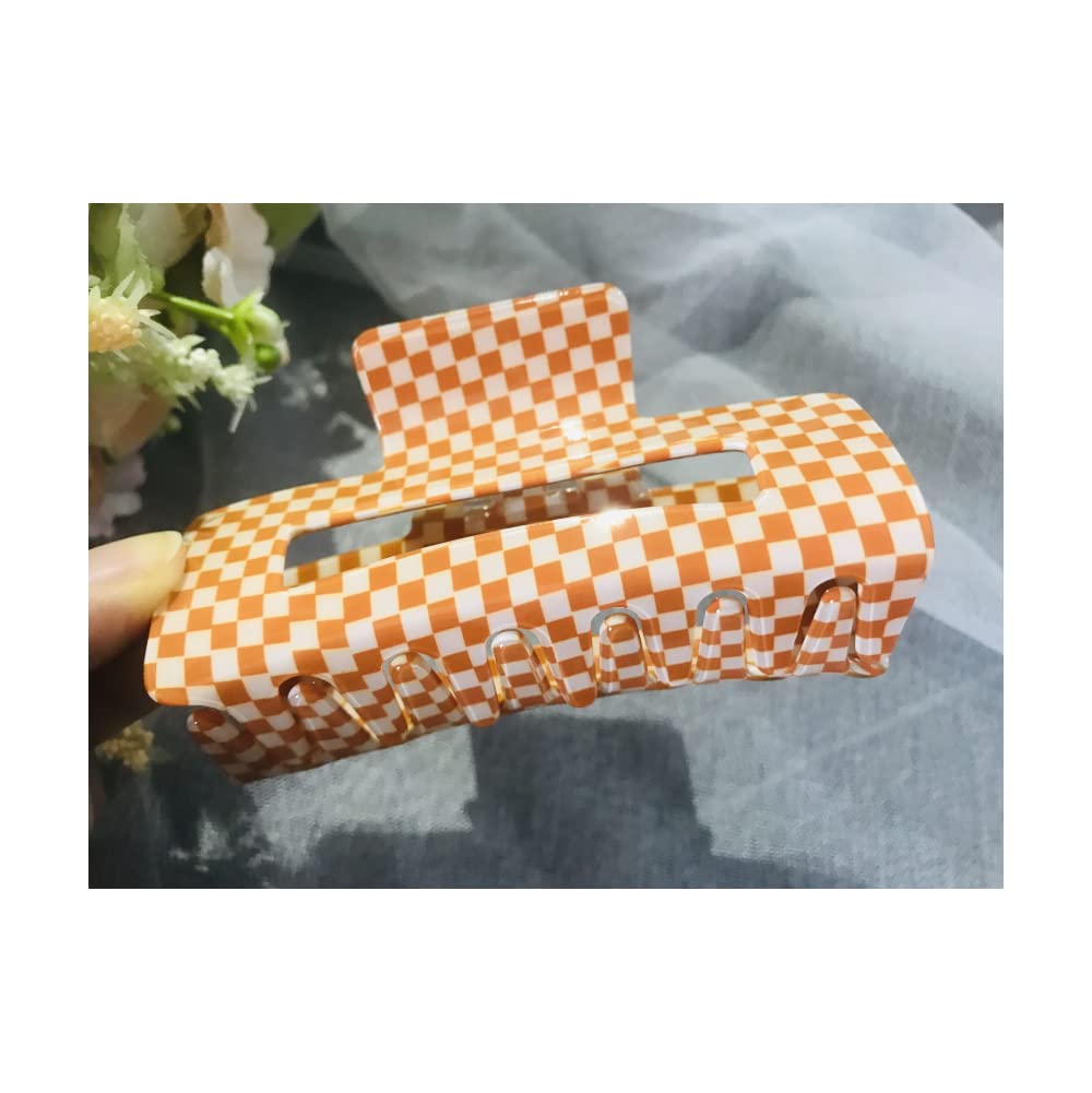 Checkered Hair Claw Clips for Women Girls Fashion Hair Clips for Styling Claw Clamps Thick Hair Retro Rectangle Shape, YOEMAYUNER (1PC Large Size/Orange, 3.94inch)