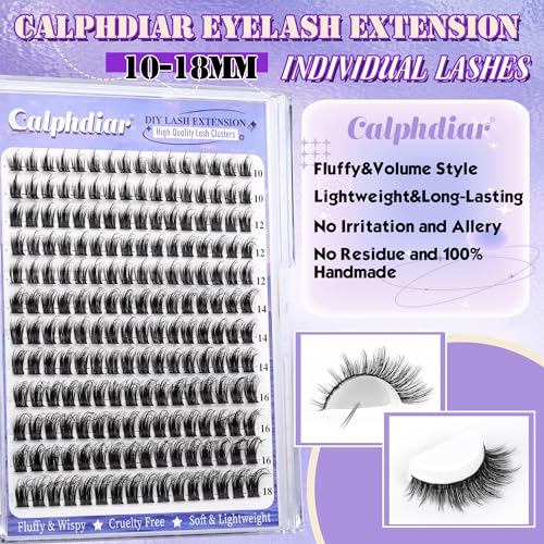 Calphdiar Lash Clusters Fluffy Eyelash Clusters Wispy Cluster Eyelash Extensions 10-18mm CC Curl Individual Lashes Clusters DIY Lash Extension 192pcs Natural Cluster Lashes Extension at Home