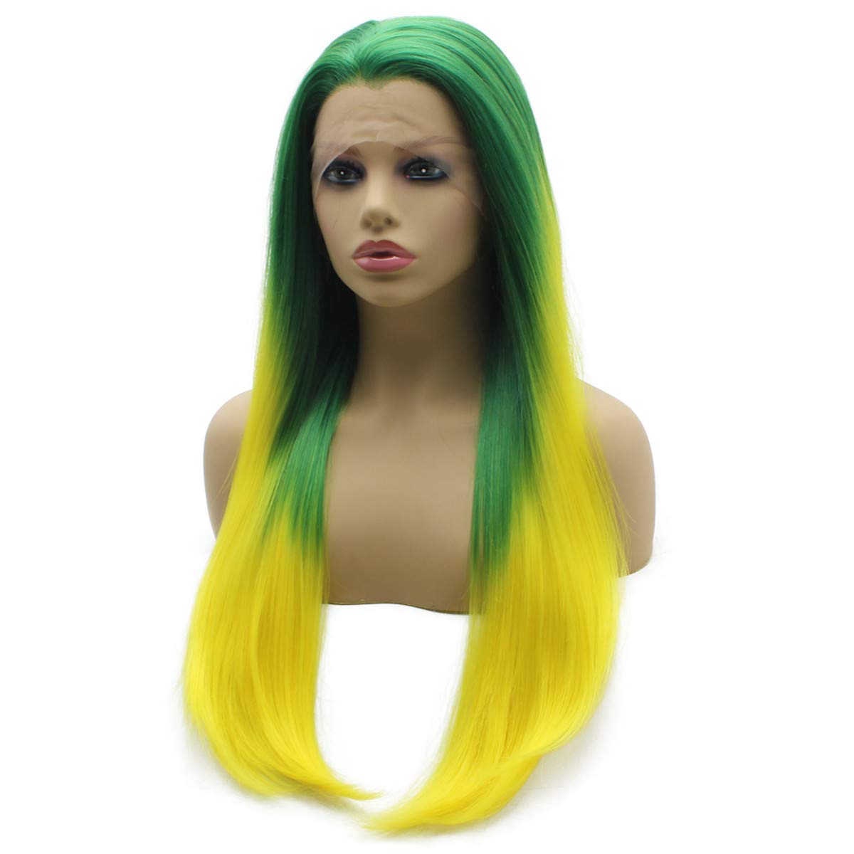 iwonawig Long Green Yellow Ombre Synthetic Lace Front Hair Wig Straight Halloween Party Wig