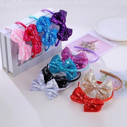 Kiszu Sparkly Sequin Hair Bow Headbands Fashion Glitter Cute Boutique Ribbon Bows for Girls, Kids, and Women