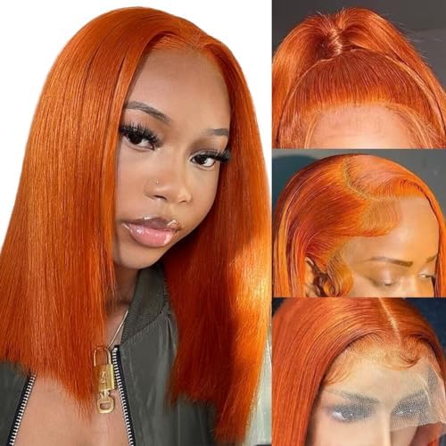 Hevgf 14 inch Ginger Lace Front Wigs Human Hair Ginger Orange Straight Human Hair Wig 13x4 Hd Lace 88j Colored Wigs Human Hair Pre Plucked With Baby Hair For Woman 180% Density