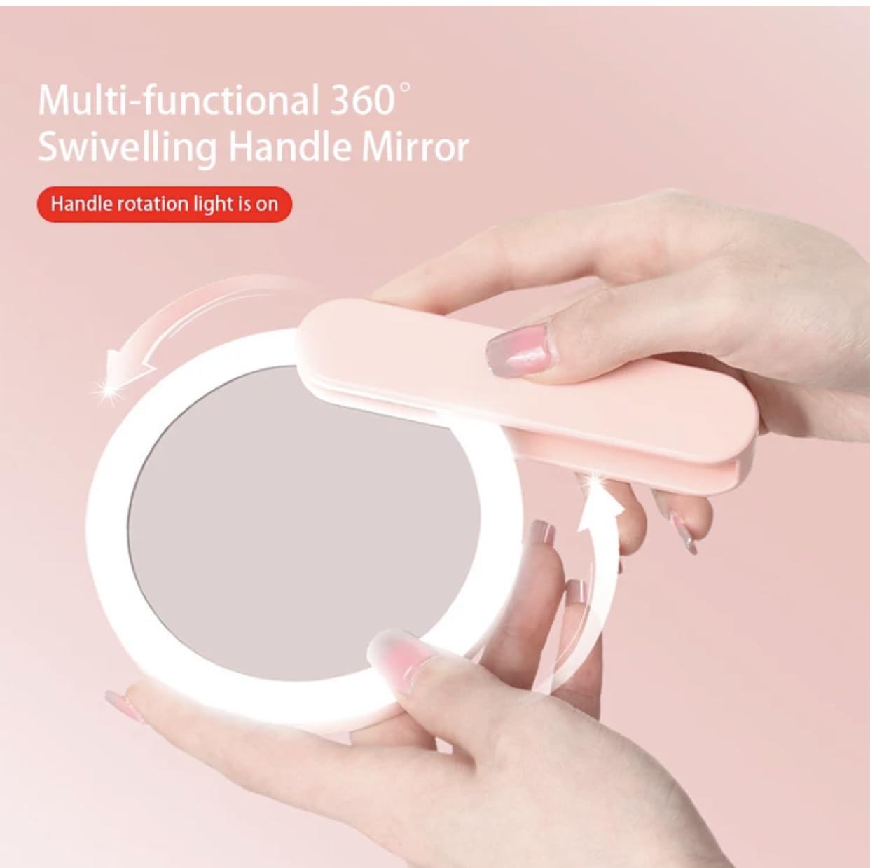 Hand-Held Makeup Mirror,fancii LED Travel Mirror, USB Charging, No AAA Battery Required, Mini Portable Mirror, Multi-Functional Cosmetic Mirror for Travel and Home Use,Folding Mirror (Pink)