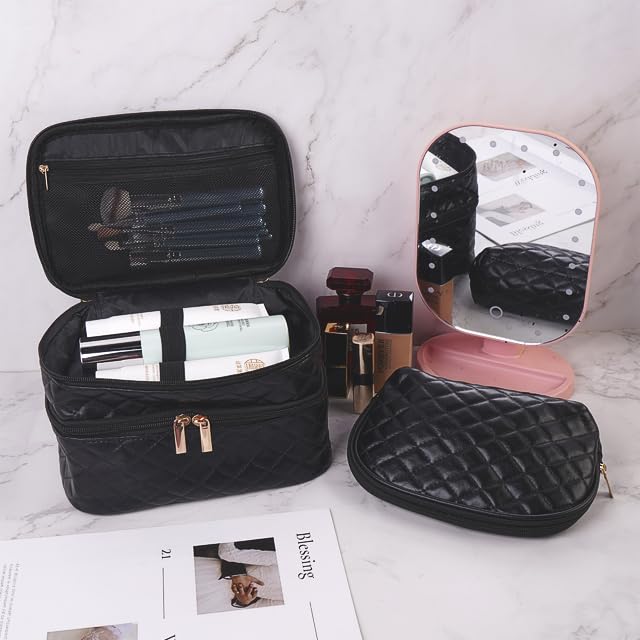 MAANGE Makeup Bag, 2 PCS Cosmetic Bag Leather Travel Makeup Bag Roomy Double Layer Makeup Bags for Women Makeup Pouch Portable Zipper Bags Gifts (Black)