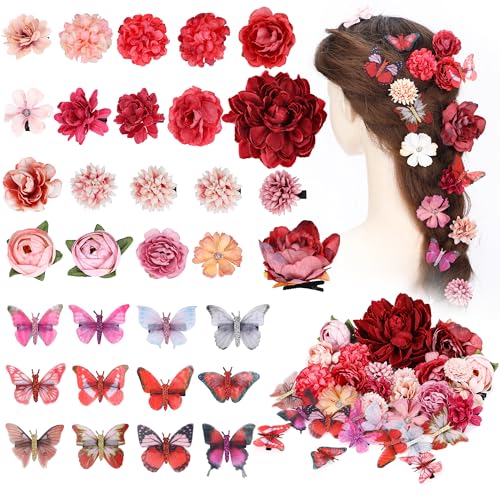 KorViSHOW 32 Pieces Flower Clip with Butterfly clip set Floral Hair Pins Flower Hair Barrettes Butterfly Hairpin Butterfly Hair Aaccessories for Women(Red Style)