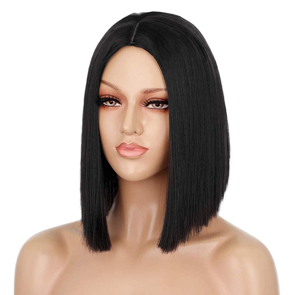 ENTRANCED STYLES Short Black Wigs for Women, Straight Bob Wigs for Girls Heat Resistant Synthetic Wigs 12 Inch Middle Part Hair Wigs for Halloween Cosplay Costume Party