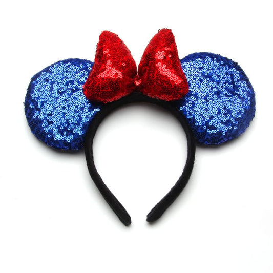 YOVECATHOU Mouse Deluxe Ear Bow Headbands Sequins Hairbands Women Hair Accessories For Cosplay Costume Party (Blue Red)