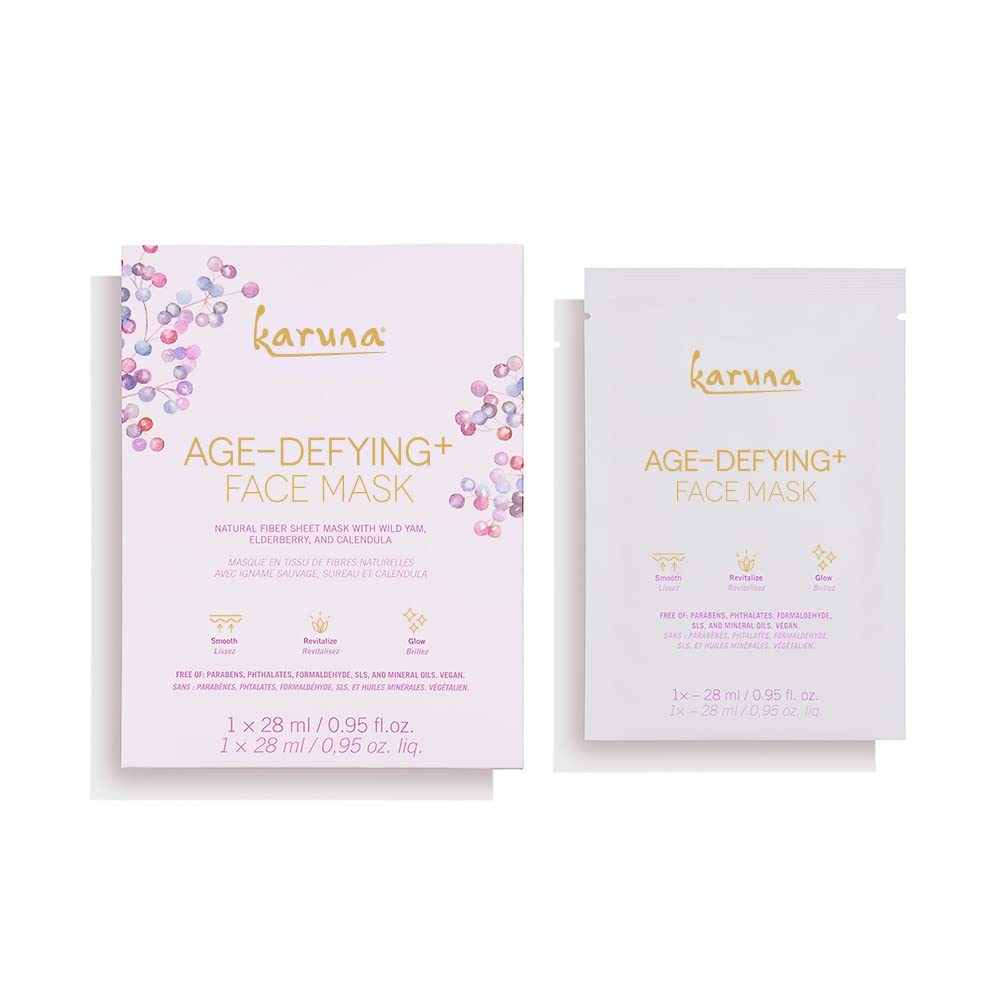 Karuna Age-defying+ Face Mask Sheet, Skincare and Beauty Facial Masks with Moisturizing and Collagen Promotion Properties for Soothing Wrinkles and Healthy Glow, Revitalize Dry, Mature Skin (1 Sheet)