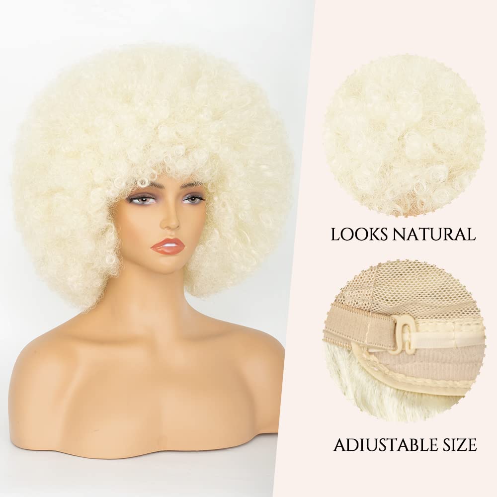 70's Afro Wig for Women, Platinum Blonde Short Afro Kinky Curly Wig, Glueless Synthetic Wig with Bangs, Puffy & Fluffy Bouncy Afro Wig for Daily Cosplay Party