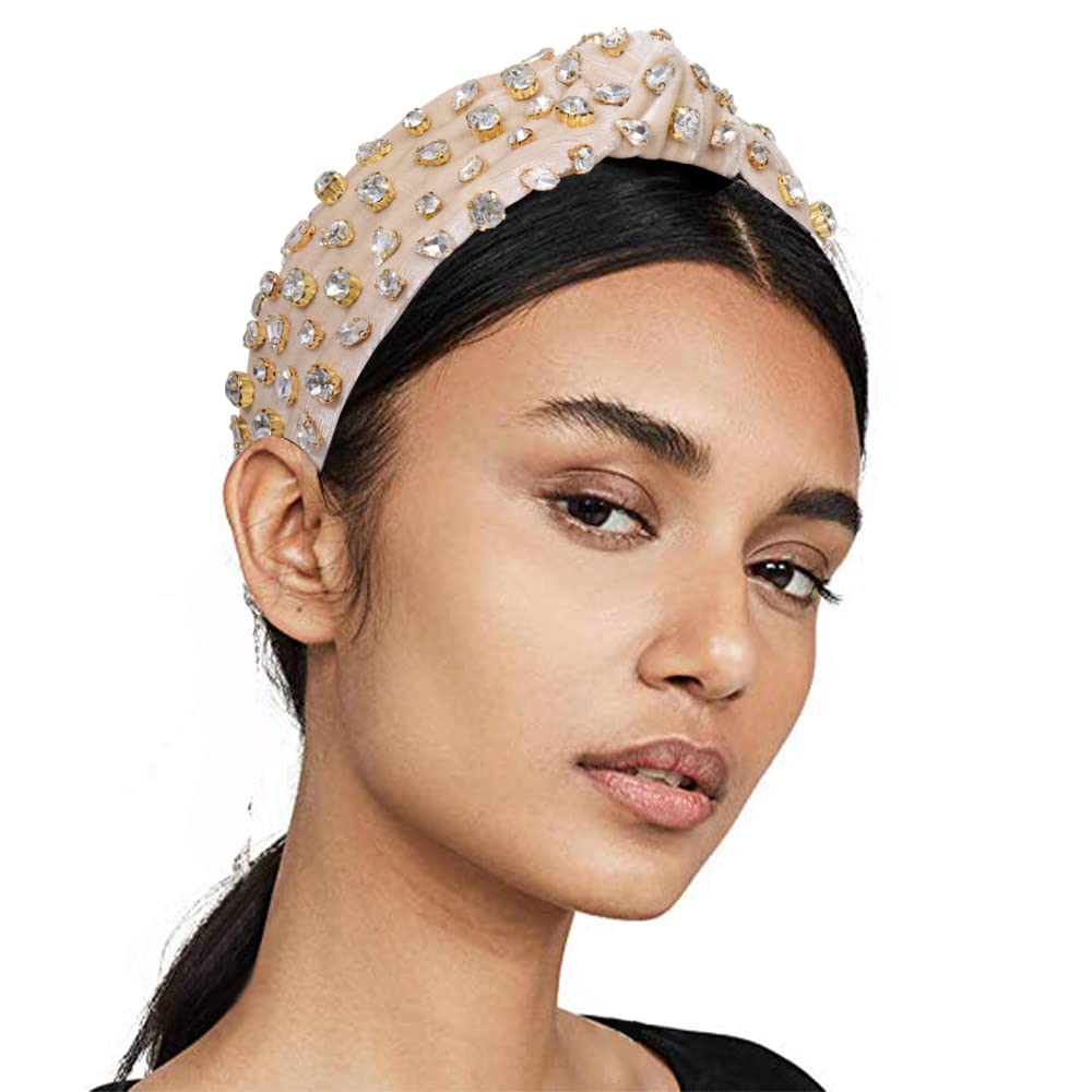 CENAPOG Rhinestone Knotted Headband for Women Sparkly Crystal Embellished Hairbands Twist Turban Headband Elastic Wide Velvet Hair Hoop Party Wedding Headwear for Girls (Off-white)