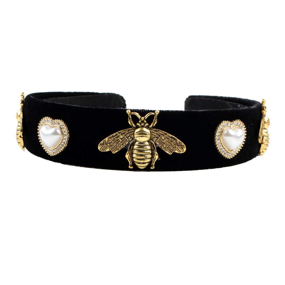 Vintage Black Band Simulated Pearl Bead Flower Hairbands for Women Fashion Alloy Metal Glass Rhinestone Crystal Bee Butterfly Headband Jewelry (Insect)