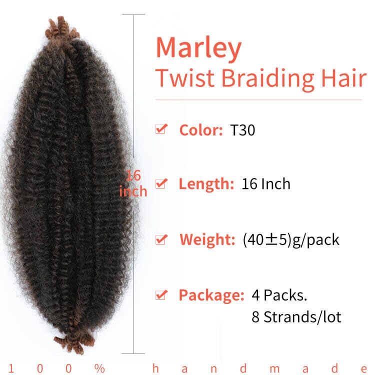 Marley Twist Braiding Hair, 16 Inch 4 Packs Soft Springy Afro Kinky Twist Hair For Braiding,Two Tone Pre-Fluffed Spring Twist Hair, Twisted Up Marley Hair For Women Crochet Braids(16inch,4packs,T30#)