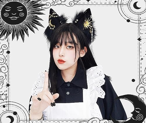 Loiahoer Black Cat Ears Headwear Headband Hairhoop,Animal Fluffy Neko Ears Hairband Handmade,Head Accessories with Gold Metal Pendant for Halloween Cosplay Fancy Dress Party