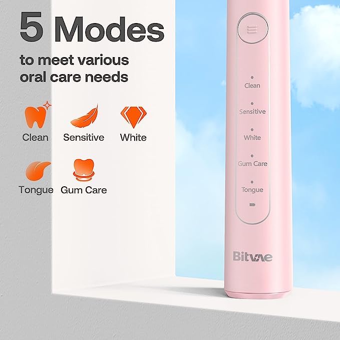 Bitvae R2 Rotating Electric Toothbrush for Adult, 5 Modes Rechargeable Power Toothbrush ＆ Water Flosser and Electric Toothbrush Combo Bundle, 3 Modes Rechargeable Water for Adult, Pink