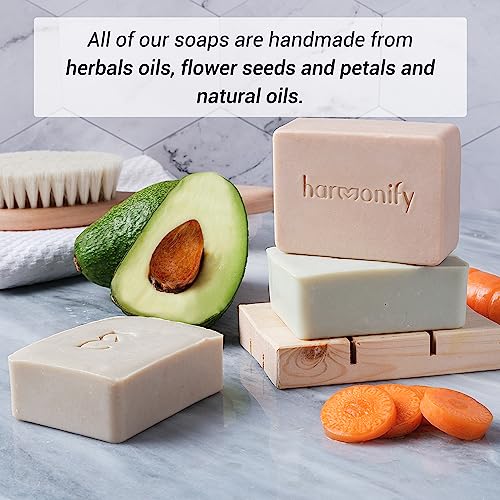 HARMONIFY All Natural 3 Set of Soap Bars, (Avocado, Carrot, Shea Butter) with Wooden Soap Dish, Assortment of Hand-Made Soaps, Skin Revitalizing and Moisturizing, Healthy, Made in Europe