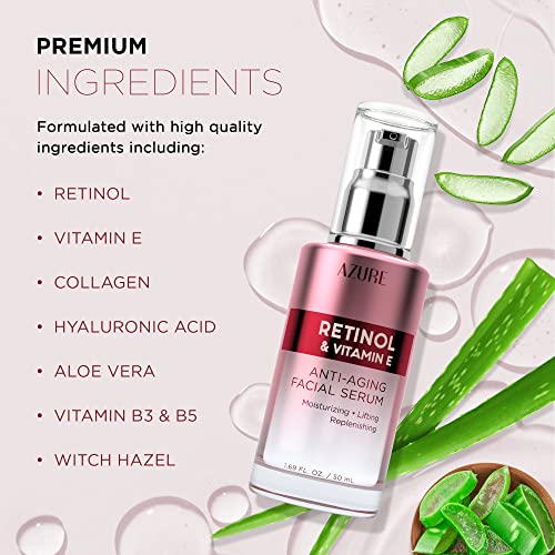 AZURE Retinol & Vitamin E Anti Aging Facial Serum - Lifting, Replenishing & Moisturizing Face Serums - Reduces Wrinkles, Fine Lines & Creases, Tones & Repairs Skin - Made in Korea - 50mL / 1.69 fl.oz.