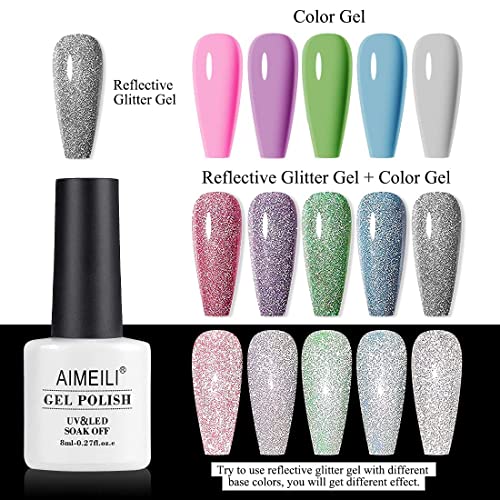 AIMEILI Reflective Gel Nail Polish Soak Off Reflective Glitter Gel Polish Holographic Diamond Glitter Nail Polish Kit Set of 12pcs X 8ml - Kit Set 7