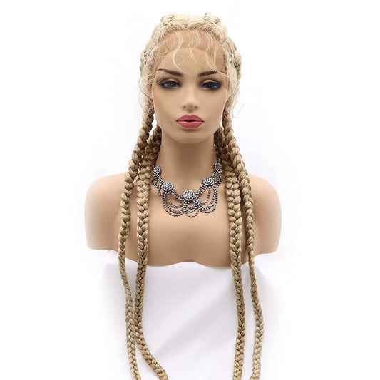 variouswig Handmade Top Synthetic Lace Front Wig Look Natural blonde Braided Wigs Neatly and Tightly Done Box 4 Braids for Fashion Women Real Lace Wig 30 Inch