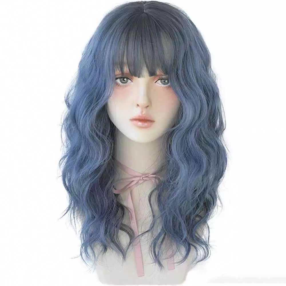 AIKO PRO Chic Korean Fashion 21 Inch Long Fluffy Curly Wavy Wig Bangs, Natural Heat-Resistant Synthetic Hair Wigs with Fringe For Cosplay and Daily Wear (Blue Ombre)