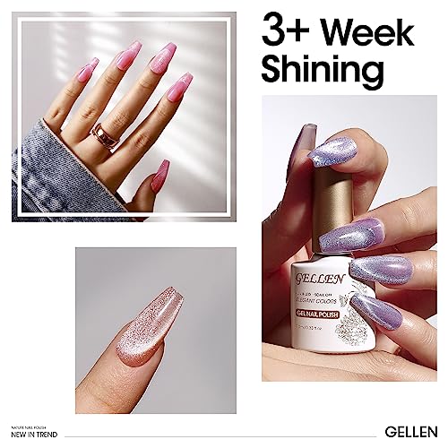 Gellen Cat Eye Gel Polish Set 6 Colors Holographic Glitter Gel Nail Polish Kit with Magnet Sparkle Purple Pink Red Nail Polish Gel Kit Nail Art Home Salon Gel Manicure Kit for Women Girls Gift