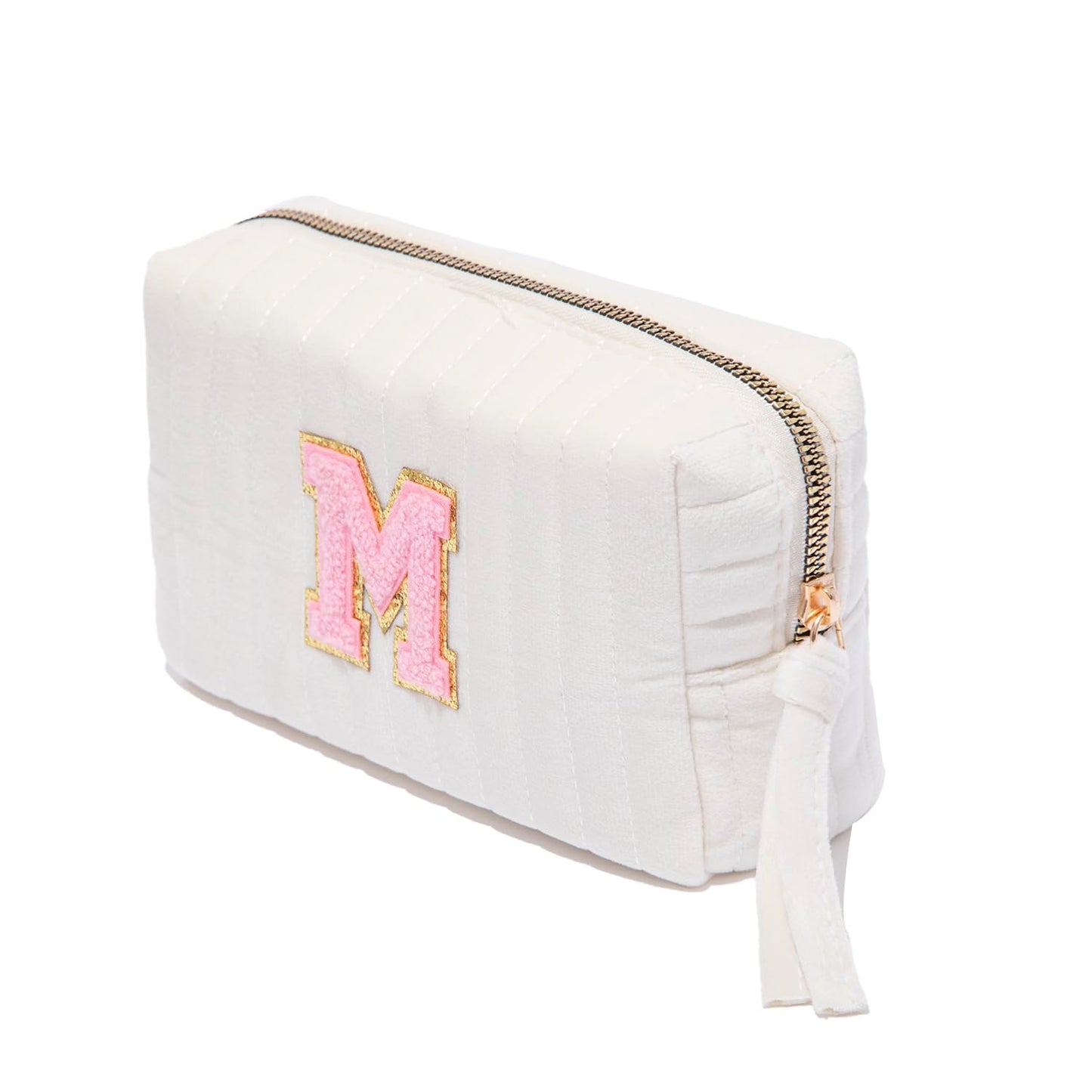 Ouksma Initial Cosmetic Bag Monogrammed Makeup Pouch Toiletry Bag with Zipper Makeup Organizer Cosmetic Pouch (M, White Velvet/Pink Letter)